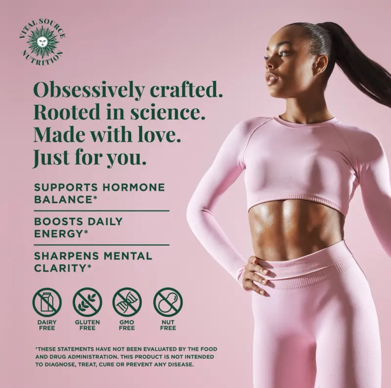 Woman in pink athletic wear with product advertisement on a pink background